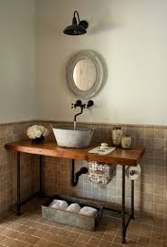 Furniture Magnificent Rustic Powder Room Vanities With Metal Bucket Sink And Wall Mounted Oil Rustic Powder Room Industrial Bathroom Vanity Powder Room Vanity