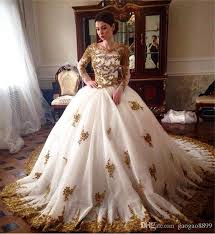 ¿no sabes de qué te hablo? Compre De Lujo 2019 De La Boda De Encaje Balon Vestidos De Novia Vestidos De Boda Oro Blanco Con Cuentas Apliques De Las Lentejuelas Con Cuello Redondo De Manga Larga De La