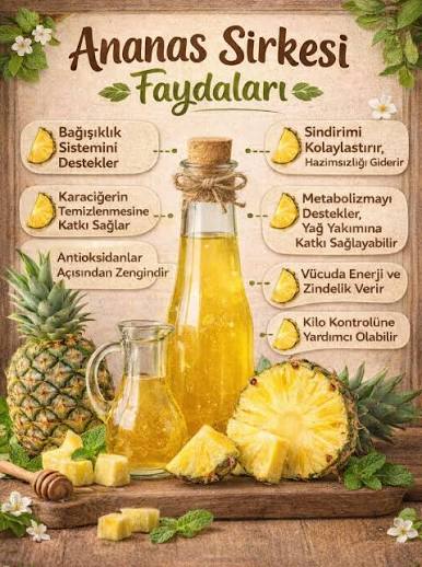 🍍Ananas Sirkesinin Faydaları : • Sindirimi destekler: Mide asidini dengeleyerek hazmı kolaylaştırabilir. • Kan şekerini dengelemeye yardımcı olur: Özellikle yemek sonrası ani yükselmeleri azaltabilir. • İştah kontrolü sağlar: Tokluk hissini artırarak ...