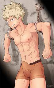 bakugou katsuki, boku no hero academia, highres, 1boy, bdsm, blonde hair,  boxer briefs, brown eyes, bulge, chain, erection, erection under clothes,  male focus, male underwear, muscular, muscular male, orange boxer briefs,  orange