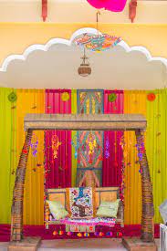 Bright Colorful Rajasthani Themed Mehndi Decor Wedding Indianwedding Mehndi Mehndidecor Decori Mehndi Decor Wedding Stage Decorations Stage Decorations