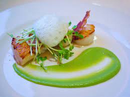 Seared Scallops Pea Puree Crispy Pancetta Shoots And Cumin Foam Seafood Entrees Pureed Food Recipes Scallop Recipes