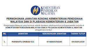 Mohon di baca dengan teliti sebelum memohon jawatan kosong ini. 47 Kekosongan Permohonan Jawatan Kosong Kementerian Pendidikan Malaysia 2019 Malaysia Kerjaya