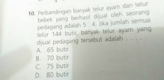 Aku membeli 6 telur, lalu 2 telur pecah dan 2 telur ku makan. Perbandingan Banyak Telur Ayam Dan Telur Bebek Yang Berhasil Dijual Oleh Seorang Pedagang Adalah 5 Brainly Co Id