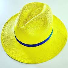 Yellow Fedora Hat With A French Blue Ribbon Genuine Panama Hat Panama Hat Cowboy Hats Fedora Hat