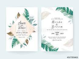 Set Of Cards With Floral Decoration Greenery Wedding Invitation Template Design Of Tropical Leaves Botanic Illustration For Save The Date Event Cover Poste