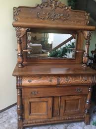 Antique Quarter Sawn Tiger Oak Buffet Sideboard Beveled Mirror Highly Carved Leather Living Room Furniture Oak Furniture Modern Rustic Furniture