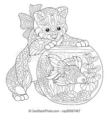 Showing 12 coloring pages related to goldfish. Zentangle Stylized Kitten And Goldfish Coloring Page Of Kitten Wondering About Goldfish In Aquarium Freehand Sketch Drawing Canstock