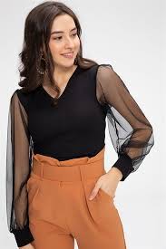 kol tul cilek bluz siyah kadin giyim kadin olmak bluz