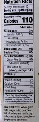 Look at the nutrition label. Instant Oatmeal Peaches And Cream Quaker Oats
