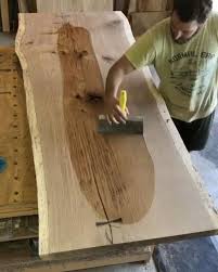 Adding The Osmo Oil As The Final Touches To This Beautiful Table Slab Woodworking Oi Wood Table Design Wood Slab Dining Table Woodworking Furniture Plans