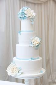 White Wedding Cake With Light Blue Accents Weddingvenues Whiteweddingcakes Light Blue Wedding Cake White Wedding Cakes Wedding Cake Photos