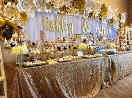Grand Gold 800 Piece Dessert Table Featuring All Amalfi Decor Cake Stands Styled By A Wedding Candy Table 50th Wedding Anniversary Party Wedding Dessert Table