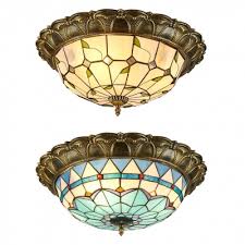 Restaurant Bowl Shade Flush Mount Light Art Glass Vintage Tiffany Ceiling Light In Beige Blue Takeluckhome Com