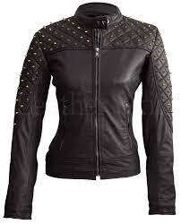 Leather Skin Women Black Shoulder Quilted With Gold Studs Studded Genuine Leather Jacket Studded Leather Jacket Leather Jackets Women Leather Jacket Black