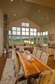 Custom Live Edge Log Dining Table Ties In Mountain Living With Modern Accents Like These Formal Dining Dinning Room Decor Contemporary House Dining Room Table