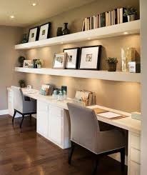 Two matching desks can face each other and allow each person to have a personal space while also sharing the room with someone else. Nice For A Home Office For 2 People Desks And Floating Shelves Homeoffice Homeofficelighting Home Office Design Home Office Furniture Home Office Space