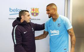 Kevin prince boateng of fc barcelona poses during his unveiling at nou. Kevin Prince Boateng Meets His New Team Mates