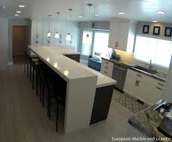 Modern kitchen with different accents Caesarstone Blizzard White Kitchen Island With Arabescato Grigio Marble Countertops European Marbl Waterfall Island Kitchen Condo Kitchen White Kitchen Island