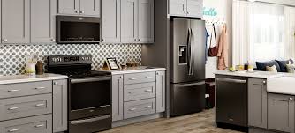 Whirlpool Appliances Black Stainless W Light Gray Cabinets Patterned Backsplash Photo From Www Wh Appliances White Cabinets Grey Cabinets Retro Appliances
