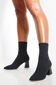 Ladies knitted peep toe ankle boots womens pull on fashion party high block heel. Knitted Low Block Heel Sock Boots Boohoo Socks And Heels Black Sock Boots Tall Black Boots Outfit