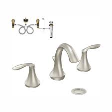 Widespread faucets fit sinks with 3 holes where the outer 2 holes measure 8 inches apart from center to center. Moen Eva 8 In Widespread 2 Handle Bathroom Faucet Trim Kit In Brushed Nickel Valve Included T6420bn 9000 The Home Depot