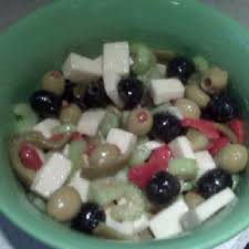 Hot Pepper Salad Hot Cherry Peppers Sharp Provolone Cheese Green Spanish Olives Black Olives Pitted Celery Garlic Olive Hot Cherry Peppers Olive Recipes Food