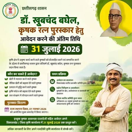 डॉ. खूबचंद बघेल कृषक रत्न पुरस्कार 2026 कृषि के क्षेत्र में नवाचार, उत्कृष्ट कार्य और अनुकरणीय योगदान देने वाले कृषकों के लिए सुनहरा अवसर ...
