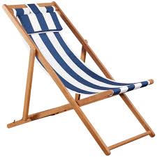A folding chair in which a wooden frame supports a length of canvas; Temple Webster Blue Striped Seaside Acacia Wood Outdoor Deck Chair With Pillow Reviews