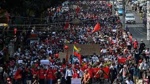 Old flag of burma has been used since january 3, 1974, to october 21, 2010, with the rectangle (ratio of 2 sides is 5:9) a red background with a blue rectangle in. Myanmar Protesters Call For Military To Release Aung San Suu Kyi Cnn