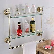 Type hotel style bathroom accessories double tier triangle wall glass corner shelf item no. Leyden Wall Mount Bathroom Ti Pvd Gold Finish Brass Material Double Layer Glass Shelf With Towel Bars A Glass Bathroom Glass Bathroom Shelves Glass Shelves