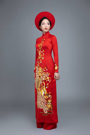 Custom made Vietnamese ao dai dress in red with embroidered, peacock m -  Mark&Vy Ao Dai