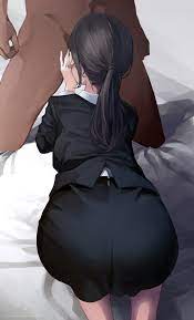 koh (minagi kou), original, absurdres, highres, 1boy, 1girl, all fours,  ass, bed sheet, blouse, brown hair, clothed female nude male, collared  shirt, fellatio, from behind, kneeling, legs together, long hair, low  ponytail,