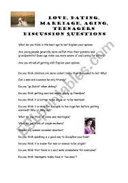But by answering these questions honestly, parents can help foster healthy feelings about sex. Love Dating Marriage Aging Parenting Discussion Questions Esl Worksheet By Anancy