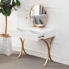 White Wood Makeup Table With Round Mirror Chair Set Gold Metal Base In 2020 White Wood Table Chair Set Makeup Table