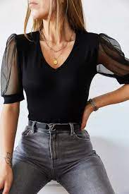 xhan kadin siyah kolu tullu v yaka bluz 9kxk2 43326 02 trendyol moda stilleri kadin v yaka