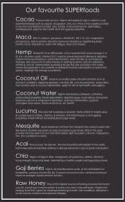 Favourite Superfoods Cacao Hemp Maca Coconut Oil Water Lucuma Mesquite Acai Chia Goji Berries Raw Honey Superfoods Health Healing Food