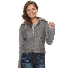Juniors J 2 Knit Sleeeve Hood Faux Leather Jacket Faux Leather Jackets Leather Jacket Leather Design