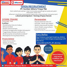 Pt sumber alfaria trijaya tbk, (sat) sebagai pengelola ritel alfamart menjalankan program penyusunan pendidikan ritel bagi sekolah menengah kejuruan (smk) yang dikenal sebagai alfamart. Lowongan Kerja Store Traine Alfamart Cabang Sorong