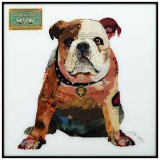 English Bulldog Printed Glass Wall Art Black Anodized Aluminum Frame Brown White Dog Wall Art Bulldog Art Collage Art