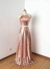 What color shoes match a rose gold dress? Two Piece Rose Gold Sequin Long Prom Dress Etsy In 2021 Rose Gold Prom Dress Piece Prom Dress Stunning Prom Dresses