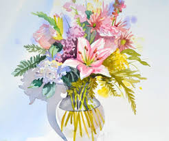 Floral Watercolor Bouquet In Clear Glass Vase Floral Watercolor Flower Painting Floral Painting