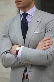 Light Gray Suit With A Purple Shirt This Is A Blue Tie Though Would Look Adorable On My Groom Light Grey Suits Mens Outfits Suit Fashion