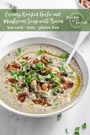 Creamy Roasted Garlic And Mushroom Soup With Bacon Recipe Mushroom Soup Recipes Soup Recipes Creamy Mushroom Soup