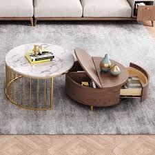 Modern White Walnut Round Coffee Table With Storage Wood Rotating Marble Nesting Coffee Table In Rose Gold Set Of 2 White Round Coffee Table Nesting Coffee Tables Coffee Table With Storage