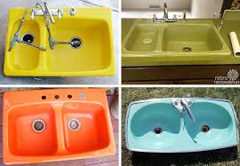 brightly colored kitchen sinks. door