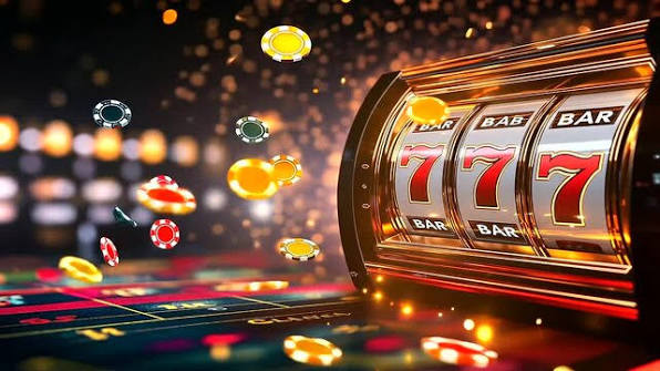 A glowing, abstract D casino background with a giant symbol at the center,  surrounded by floating casino bar icons and a cascade of gold and  rainbow-colored lights. The feelin