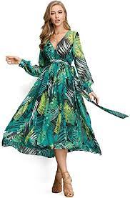 Amazon.com: Vestido de gasa con cuello en V estampado floral para mujer,  vestido casual de trabajo, Suave, M, Verde : Ropa, Zapatos y Joyería