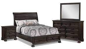 Queen and king bedroom furniture sets, expertly designed and crafted for luxurious comfort, include the bed, nightstand and dresser with mirror. Camelot 6 Piece King Bedroom Set Weathered Dark Brown Leon S