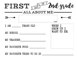 The first grade math worksheets cover topics like skip counting, basic addition facts, counting money, number lines, greater than less than, math tables, telling time, fact families, math games, and more. First Day Of School All About Me Sign Paper Trail Design